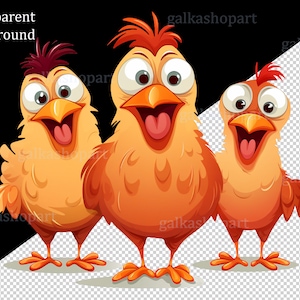 May include: Three cartoon chickens with orange and yellow feathers, big eyes, and open beaks. They are all smiling and have their tongues sticking out.