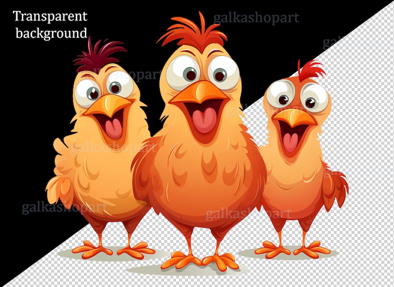 May include: Three cartoon chickens with orange and yellow feathers, big eyes, and open beaks. They are all smiling and have their tongues sticking out.