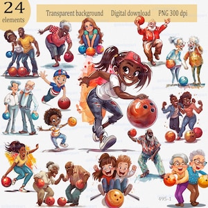 Zabawny komiksowy clipart PNG przedstawiający ludzi grających w kręgle w Ameryce w różnym wieku i o różnych kolorach skóry: Afroamerykańska starsza pani i mężczyzna; słodka dziewczyna i chłopak