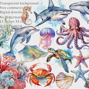 Undersea Watercolor Bundle: PNG Clipart Set - Octopus Jellyfish Whale, Realistic Sea & Ocean Animals, Kids Room Wall Art, Sublimation design