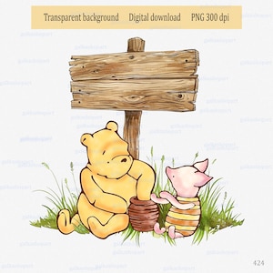 Winnie the Pooh und Ferkel in der Nähe von Holzschild auf einer Stange: Clipart PNG; Aquarell Design mit Bär & Ferkel für Namen Personalisierung