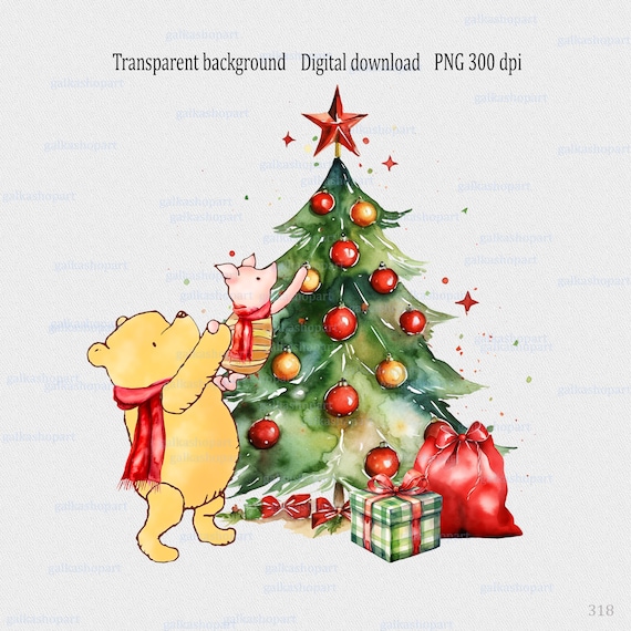 クラシックなくまのプーさんとクリスマスツリーの子豚の昇華デザイン