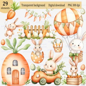 Uroczy wielkanocny króliczek marchewka clipart, Mały królik PNG, Wiosenna grafika boho do pokoju dziecięcego, Malarstwo akwarelowe, Domek marchewkowy, Dekoracja ogrodowa dla dziecka