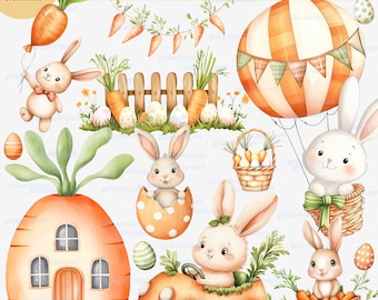 Cute easter bunny carrot clipart, Little rabbit PNG, Spring boho nursery graphics, Watercolor painting, Carrot house, Garden baby decor