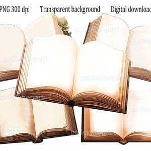 Vintage open boeken illustraties: set 5 digitale antieke PNG-afbeeldingen van blanco boekpagina's, oude geopende boek clipart voor welkomstborden en uitnodigingen