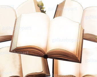 Vintage Open Books Clip Art: set 5 Digital Antique PNG Images of Blank Book Pages, Old Opened Book Clipart for Welcome Signs and Invitations