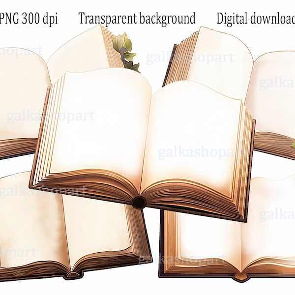 Vintage Open Books Clip Art: set 5 Digital Antique PNG Images of Blank Book Pages, Old Opened Book Clipart for Welcome Signs and Invitations