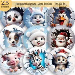 3D-Effekt Weihnachtsfiguren brechen durch schneebedeckte Wand: 25 PNG Runde Tierverzierung für Sublimation, Schweinkatzenhundzebragiraffenbärhäschen