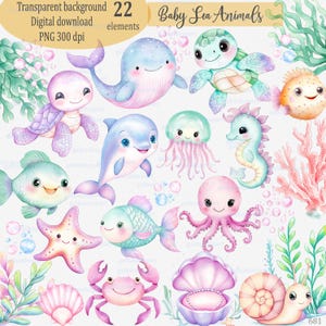 Sea Life Baby Clipart PNG: Watercolor Octopus, Whale, Jellyfish, Turtle, Fish and Crab for Invitation, Nursery Wall Art, Party & Craft Decor