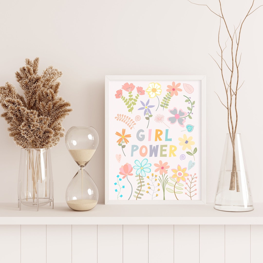 Girl Power Print, Wildflower Nursery Wall Art, Kids Bedroom Art, Pink ...