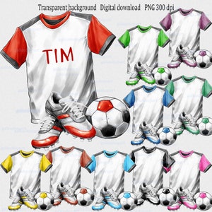 Design de sublimação png de kit de futebol: chuteiras, camisetas, bolas; gráficos para impressão; clipart em aquarela; perfeito para projetos com temas esportivos