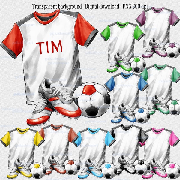Fußball-Kit png Sublimationsdesign: Fußballschuhe, T-Shirt, Ball; druckbare Grafiken; Aquarell Clipart; Perfekt für Sport-Themen-Projekte