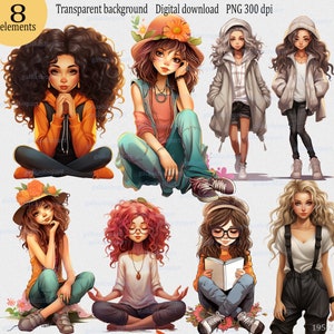Clipart di ragazze romantiche in formato PNG - 8 adorabili personaggi felici per sublimazione, etichette regalo, biglietti, arte stampabile per anime amorevoli e creative