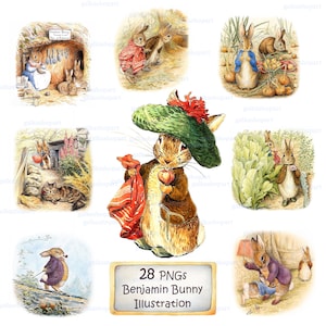 Op de afbeelding: Een verzameling van 28 PNG-illustraties met Benjamin Bunny en andere personages. De afbeeldingen tonen aquarelstijl tekeningen van konijnen in verschillende scènes, met een vintage esthetiek.