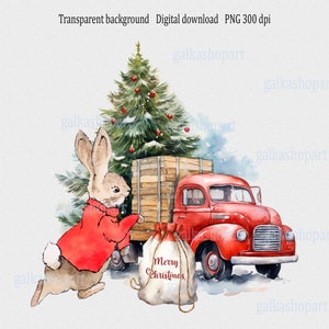 Camión rojo navideño y Peter Rabbit con saco navideño Diseño de sublimación en PNG: Clipart de conejito Flopsy de acuarela para imprimir tarjetas de felicitación