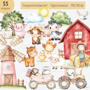 Niedliche Bauernhof Tiere Clipart, Kindergeburtstag Party Bauernhof: Traktor Scheune Schwein Kuh Pferd Schaf, rustikale Kinderzimmer Wanddeko