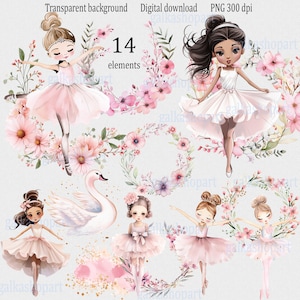 Éléments de ballet aquarelle : petite poupée ballerine en tutu rose, cadre couronne de fleurs cygne éclaboussures d'or, ensemble de 14 cliparts sur PNG transparent