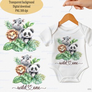 Wild One is onderweg: sublimatieontwerp babyshower, safaridieren png clipart, aquarel jungle Kinderverjaardagsdecor Tropisch dierentuinthema