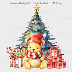 Diseño clásico de sublimación de Winnie the Pooh: Primera Navidad del bebé, clipart PNG de acuarela, osito de peluche con árbol de Navidad y cajas de regalo