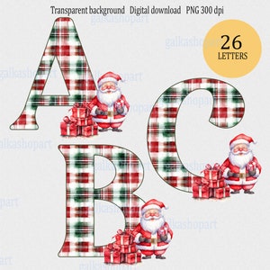 Clipart-Set mit 26 Aquarell Weihnachtsbuchstaben, niedlichen Weihnachtsmann und Geschenkboxen: Sublimationsdruck auf transparentem Hintergrund, Wintermonogramm