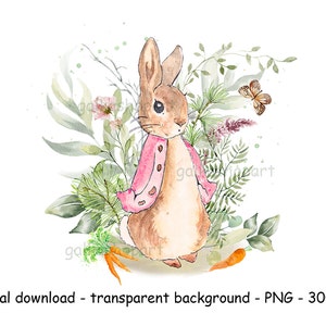 Clipart Flopsie Bunny, Peter Rabbit Sublimationsdruck, Greenery and Wildblumen Clip Art, Aquarellmalerei, Einladungskarte, Osterdesign