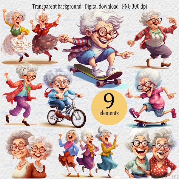 Cheerful Old Ladies Clipart PNG, Active Old men, Happy Women, Cute cartoon grandmother in bicycle, Funny Granny on skateboard, Grandma gift