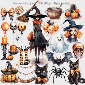 Halloween Clipart PNG: Cute Witch, Cat, Pumpkin, Ghost, Skull, Bat, Spider, Fall Candles, Bows, Balloons, Autumn Watercolor Bundle