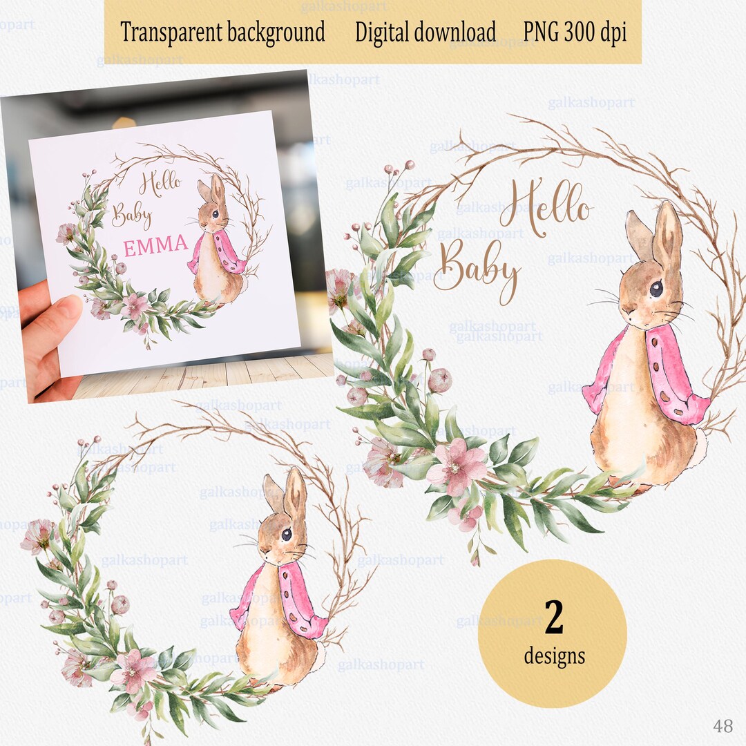 Watercolor Floral Wreath Clipart With Peter Rabbit in Pink Jacket ...