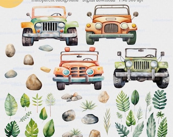 Safari set clipart PNG: Baby design with Safari open-top vehicle car, stones and tropical leaves, Watercolor Jungle nursery wall art