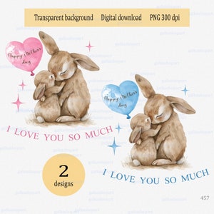 うさぎのママと赤ちゃんのPNGデザイン：水彩画のうさぎ、母の日にぴったり、ママへのプレゼント、昇華転写プリント用クリップアート