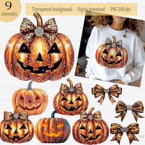 Calabaza de diamantes de imitación con lazo de leopardo (imagen PNG): Calabaza brillante, Diseño elegante de camiseta de otoño, Sublimación glamurosa de otoño, Cinta coqueta