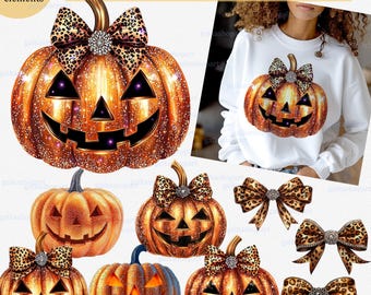 Kürbis Clipart: Leopard Bogen Halloween PNG Bundle für Sublimation, Shirt Drucke, Aufkleber & Herbst Dekor