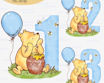 Boy Blue Balloon Classic Winnie the Pooh PNG, Vintage Pooh With