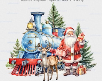 Kerst retro trein clipart PNG: Noordpool Polar Express met kerstman en rendier, aquarel sublimatieontwerp voor baby's 1e kerst