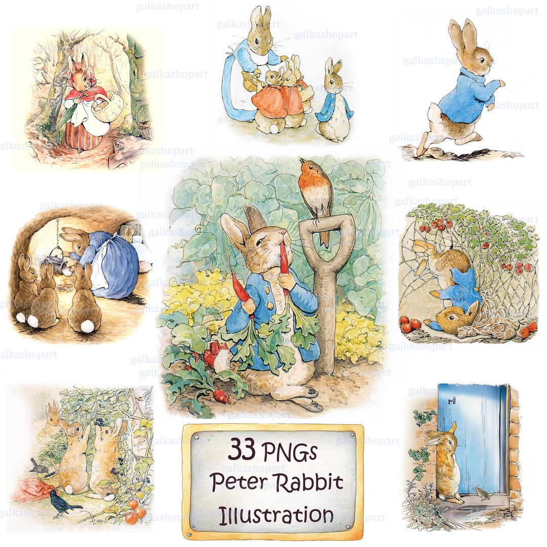 Peter Rabbit Clipart Set: 33 Vintage Watercolor Pngs, Storybook Bunny ...