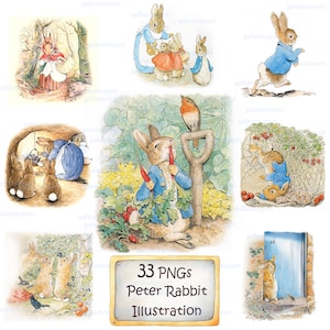 Peter Rabbit Clipart Set: 33 Vintage Watercolor PNGs, Storybook Bunny Illustrations, Classic Nursery Art, Printable Designs