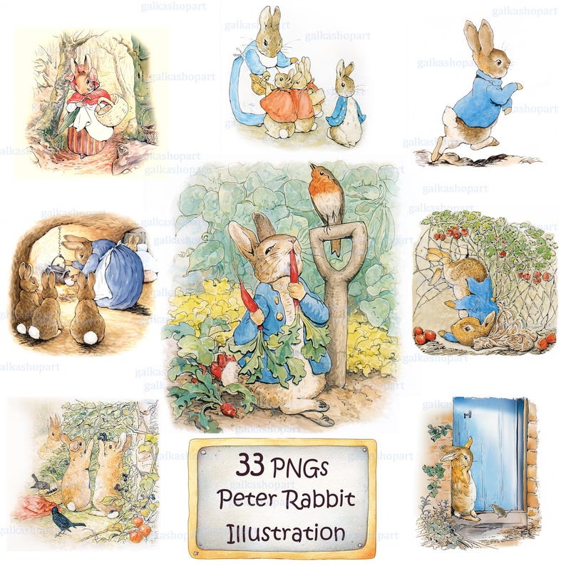 Peter Rabbit Scene Drawing Peter Rabbit Clipart Set: 33 Vintage Watercolor Pngs, Storybook Bunny ...