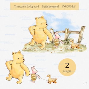 Classico disegno a sublimazione di Winnie the Pooh, decorazioni per baby shower e feste di compleanno, acquerello clipart PNG, orso e maialino, arte murale di genere neutro