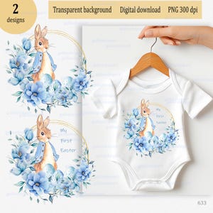 La mia prima Pasqua, Peter Rabbit con uova in corona floreale, PNG sublimazione, personaggi di Beatrix Potter, Clipart di fiori ad acquerello Flopsy Bunny