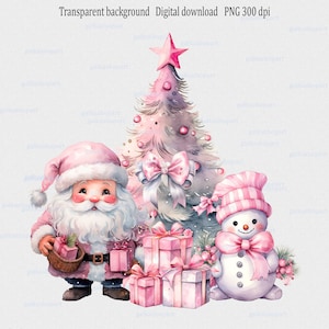 水彩サンタ雪だるまクリスマスツリー昇華デザインPNG（ピンク）：クリスマスイブのクリップアート、女の子の初めてのクリスマス、パジャマの冬の画像