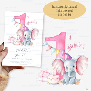 Diseño de sublimación para primer cumpleaños "Pequeño elefante de circo", primer nacimiento, niña, hija, nieta, sobrina, acuarela de animal bebé, clipart PNG