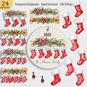 Clipart personnalisé d'ornement de Noël familial PNG pour sublimation : conception de bas de Noël, ajoutez votre propre nom, chaussettes aquarelles