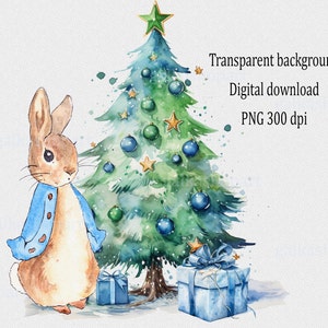Disegno natalizio di Peter Rabbit blu ad acquerello: Clipart dell'albero di Natale in formato PNG, stampa a sublimazione, creazione di biglietti, primo Natale del bambino, parete della cameretta del bambino