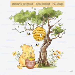 Imágenes prediseñadas PNG de Winnie the Pooh clásico debajo del árbol: decoración de fiesta infantil; diseño de sublimación de acuarela; oso vintage; arte de pared de género neutro