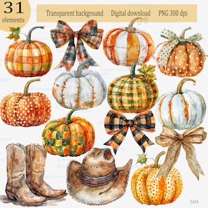 Conjunto de imágenes prediseñadas PNG de calabazas rústicas de otoño: 31 gráficos de granja en acuarela para Halloween y la cosecha de otoño; Diseño de sublimación para camisetas, tarjetas, etc.