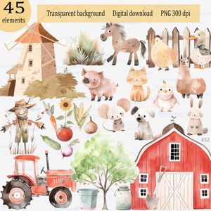 Farm animals clipart PNG: alpaca tractor barn pig cow horse donkey sheep, rustic nursery wall decor, cartoon illustration, making card