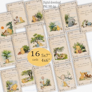 16 Karten mit klassischen Winnie The Pooh Zitat 5x7", 4x6": PNG Bilder für Babyparty, für Girlanden, für Geburtstagsbanner, für Kinderzimmerwandkunst