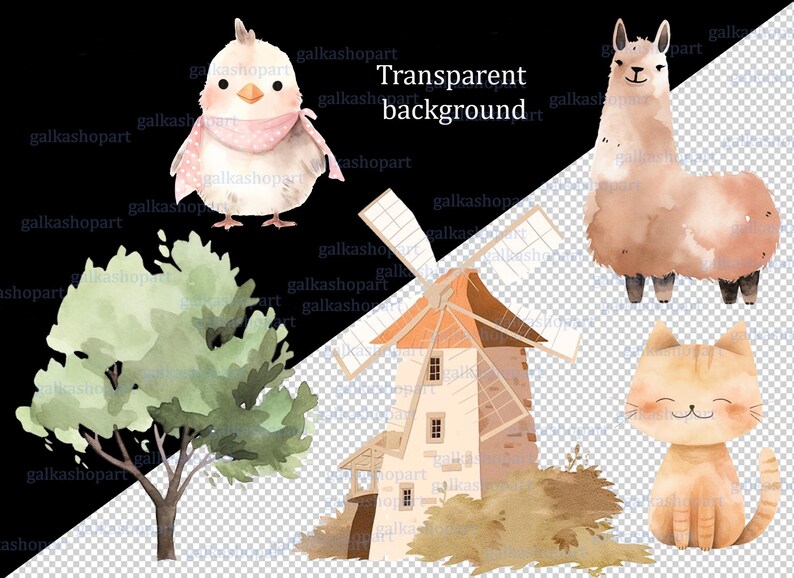Farm Animals Watercolor Clipart Set: Barn, Tractor & Rustic Animals PNG ...