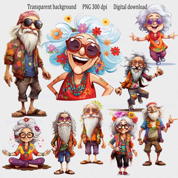 Old Hippie woman and man Clipart PNG: Cute happy elderly lady, cartoon graybeard elder, grandmother, grandfather, oldster, Bohemian style