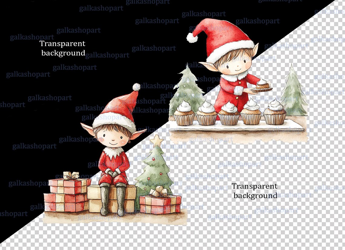 Watercolor Christmas Elf Clipart PNG: Red Santa's Helpers With Shelf ...